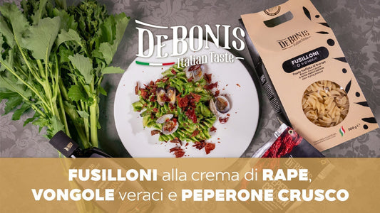 Fusilloni alla crema di rape, vongole veraci e peperone crusco
